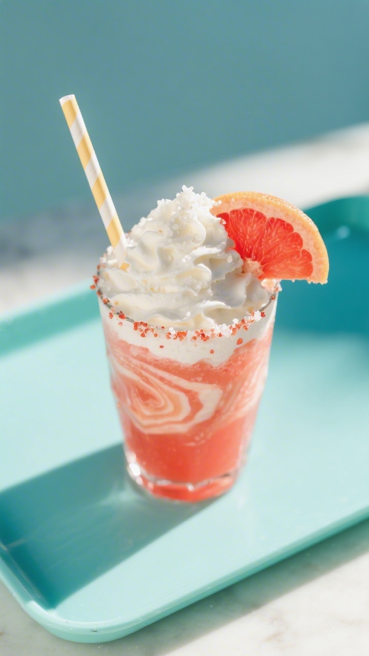 Tasty top view: Overhead shot of a finished Blood Orange Cream Float, vivid coral soda with creamy v