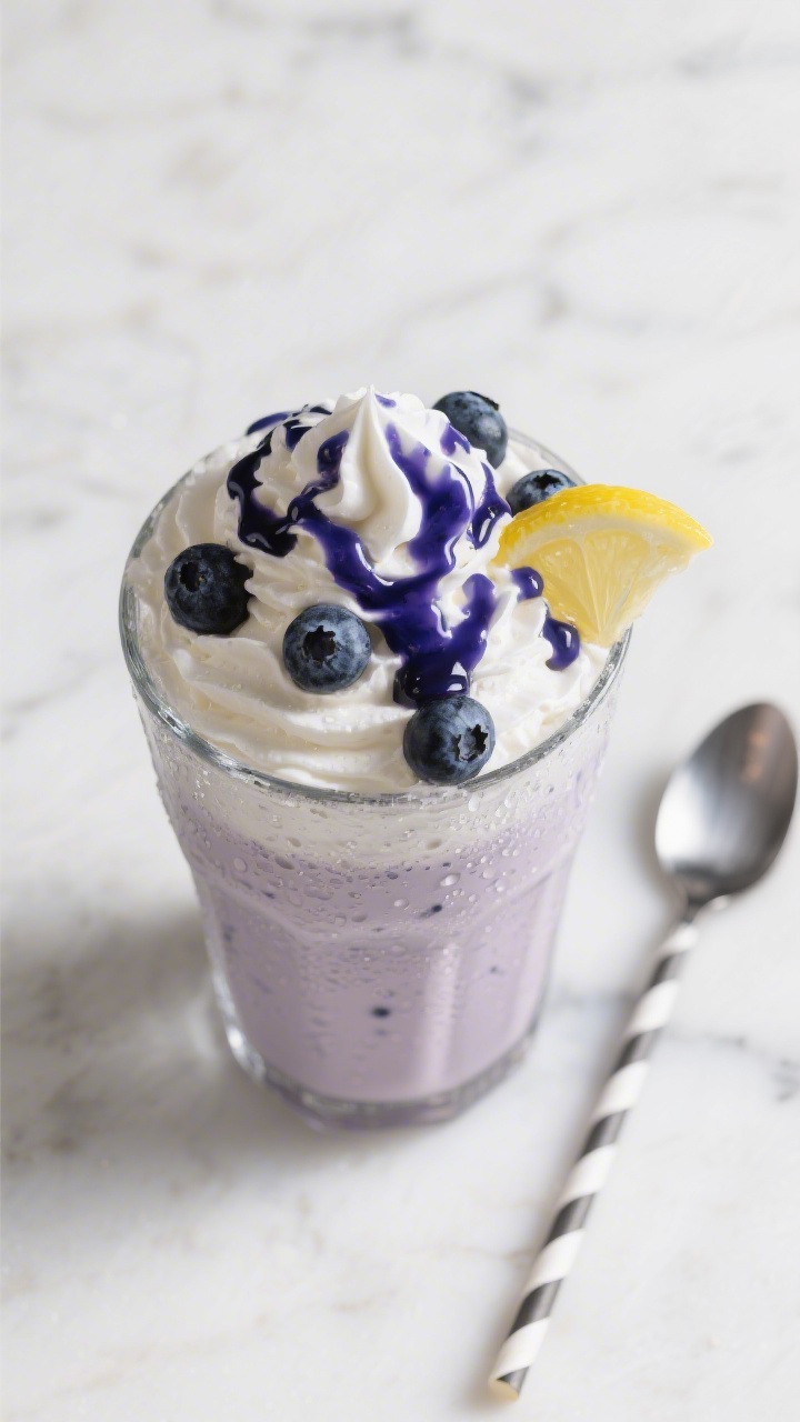 Tasty top view: Overhead shot of a finished Blueberry Vanilla Float—pillowy whipped cream crown, g