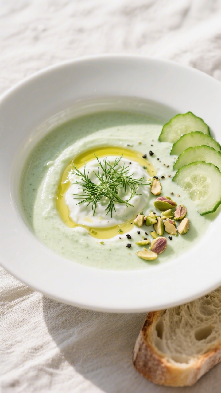 Tasty top view: Overhead shot of a finished bowl of chilled cucumber–dill–yoghurt soup, pale gre