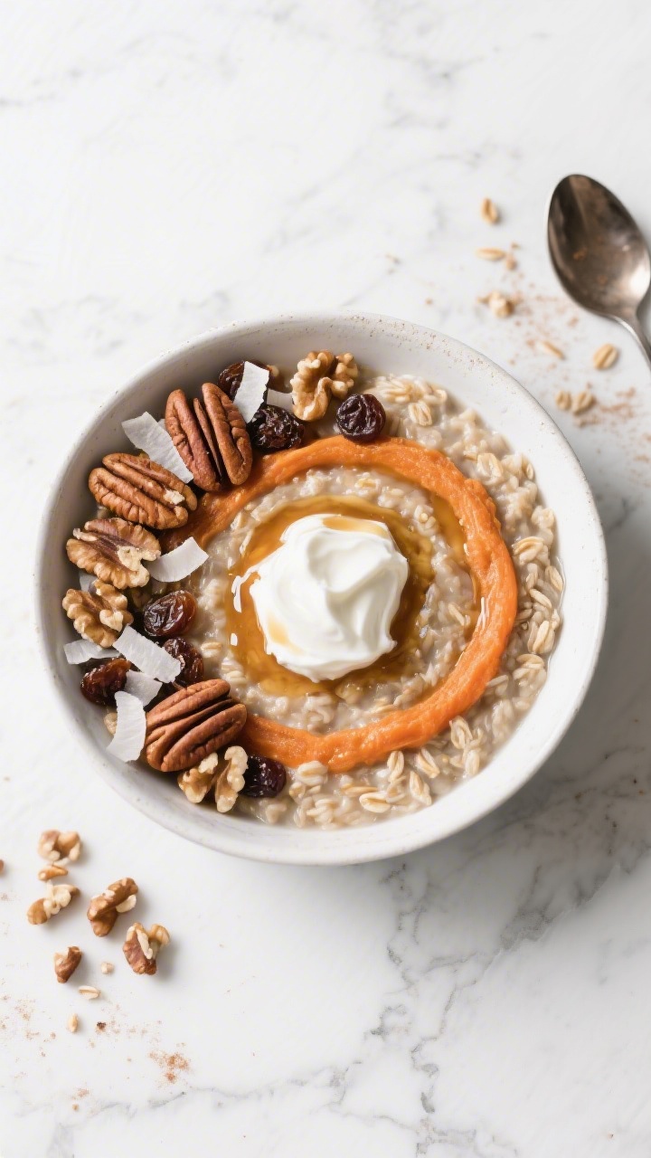 Tasty top view: Overhead shot of a finished bowl of Carrot Cake Oatmeal arranged artfully—central