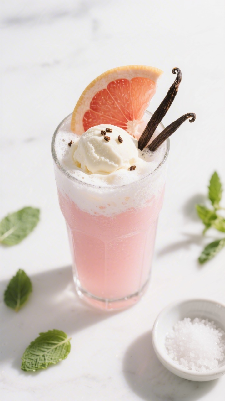 Tasty top view: Overhead shot of a finished Grapefruit Vanilla Float in a tall soda glass, pale pink