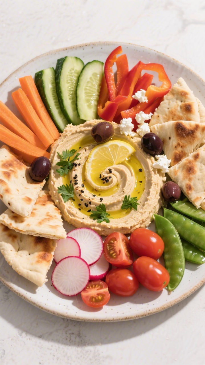 Tasty top view: Overhead shot of a finished hummus and veggie snack plate arranged in colorful clust