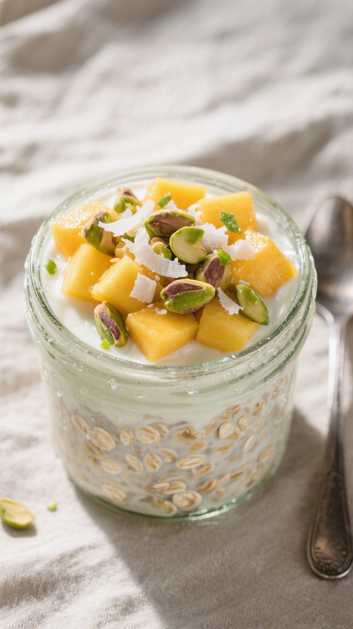 Tasty top view – Overhead shot of a finished jar of No-Bake Mango Overnight Oats just out of the f