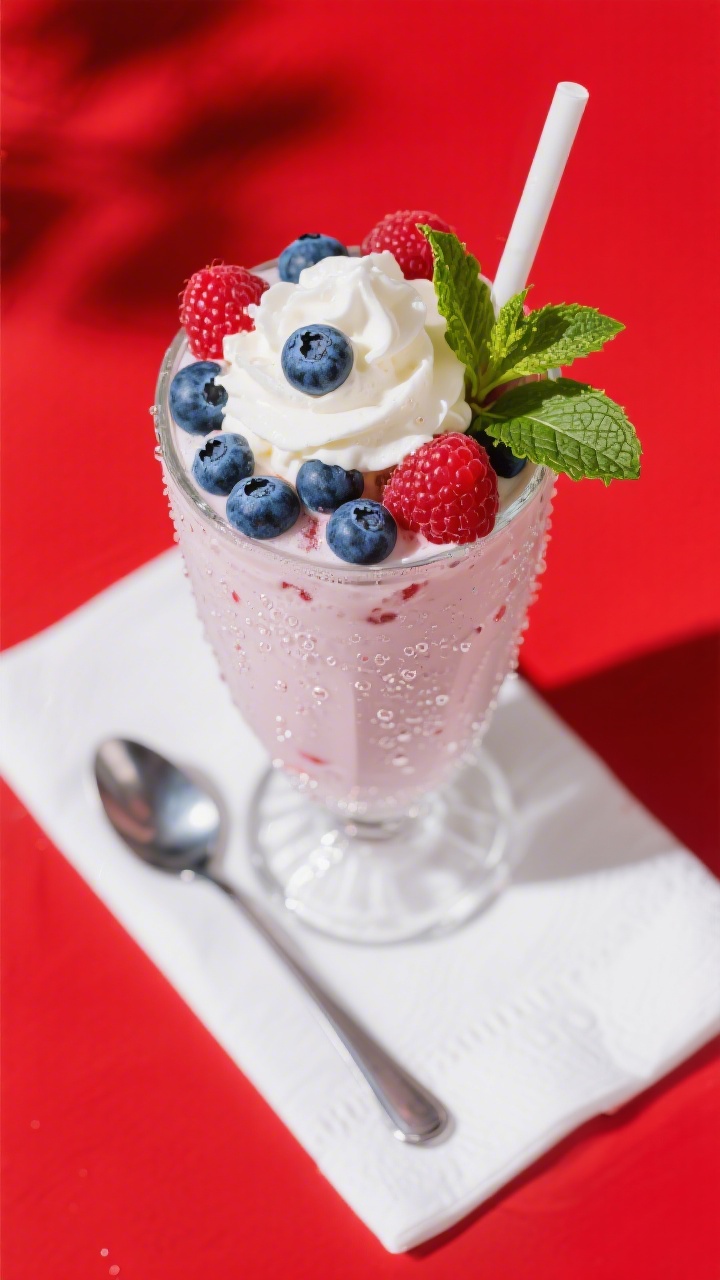 Tasty top view: Overhead shot of a finished Mixed Berry Ice Cream Float in a soda-fountain glass, wh