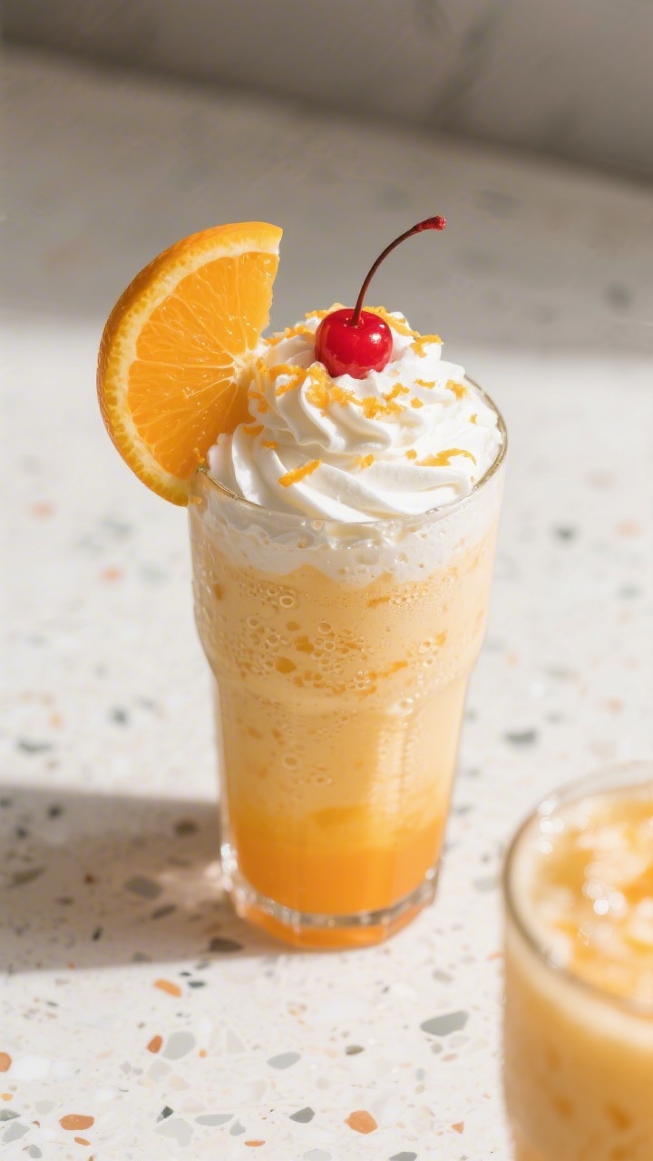 Tasty top view: Overhead shot of a finished Orange Creamsicle Float in a tall soda-fountain glass, t