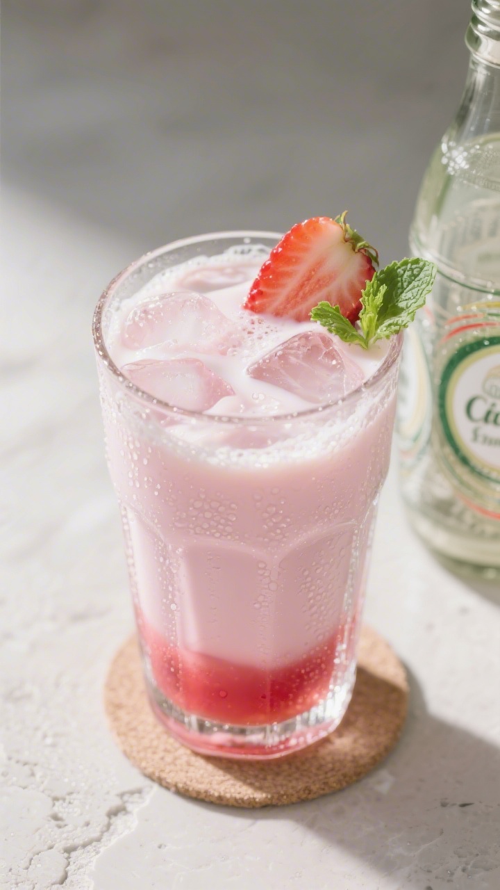 Tasty top view: Overhead shot of a frosty highball glass half-filled with ice, layered strawberry mi