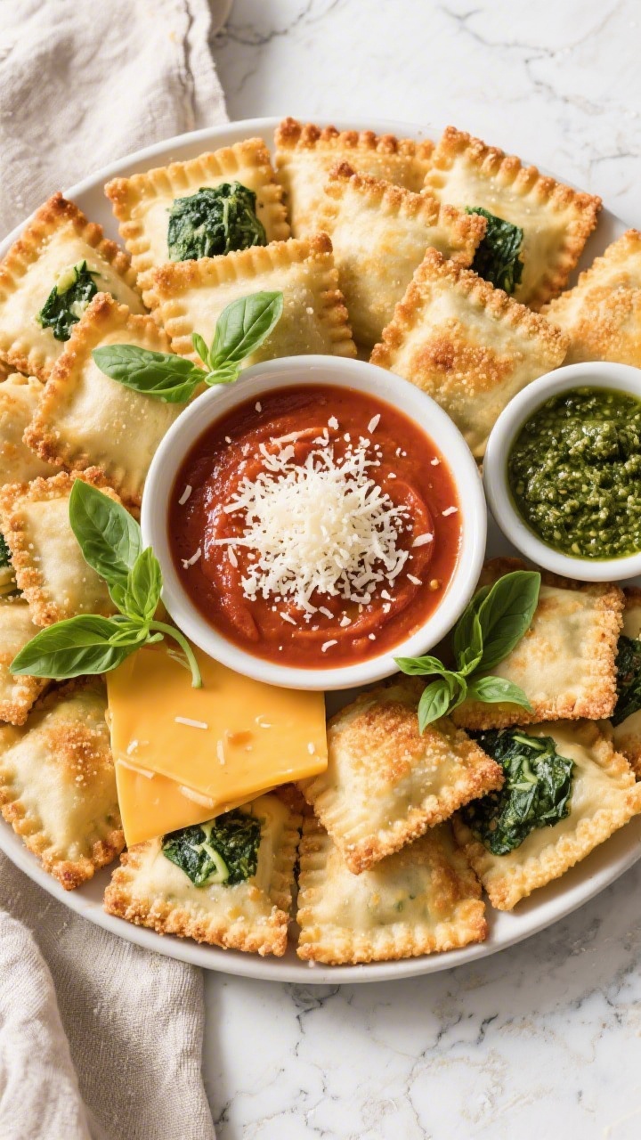 Tasty top view: Overhead shot of a game-day platter of assorted cheese and spinach air-fried ravioli