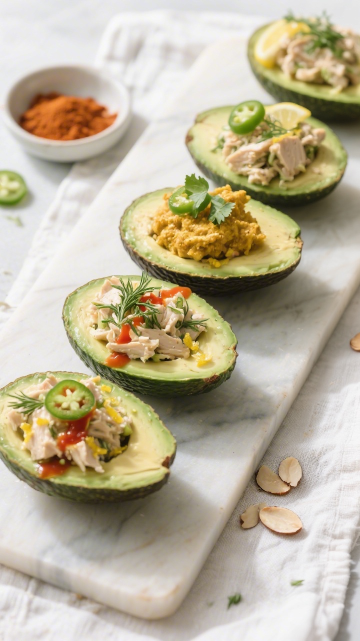 Tasty top view: Overhead shot of a meal-prep spread—several avocado halves lined up on a board, ea