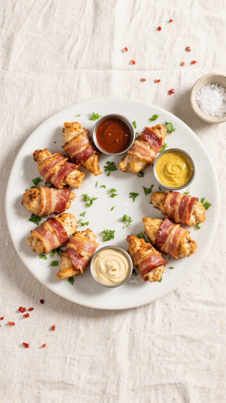 Tasty top view: Overhead shot of a platter of bacon-wrapped chicken bites arranged in a loose circul