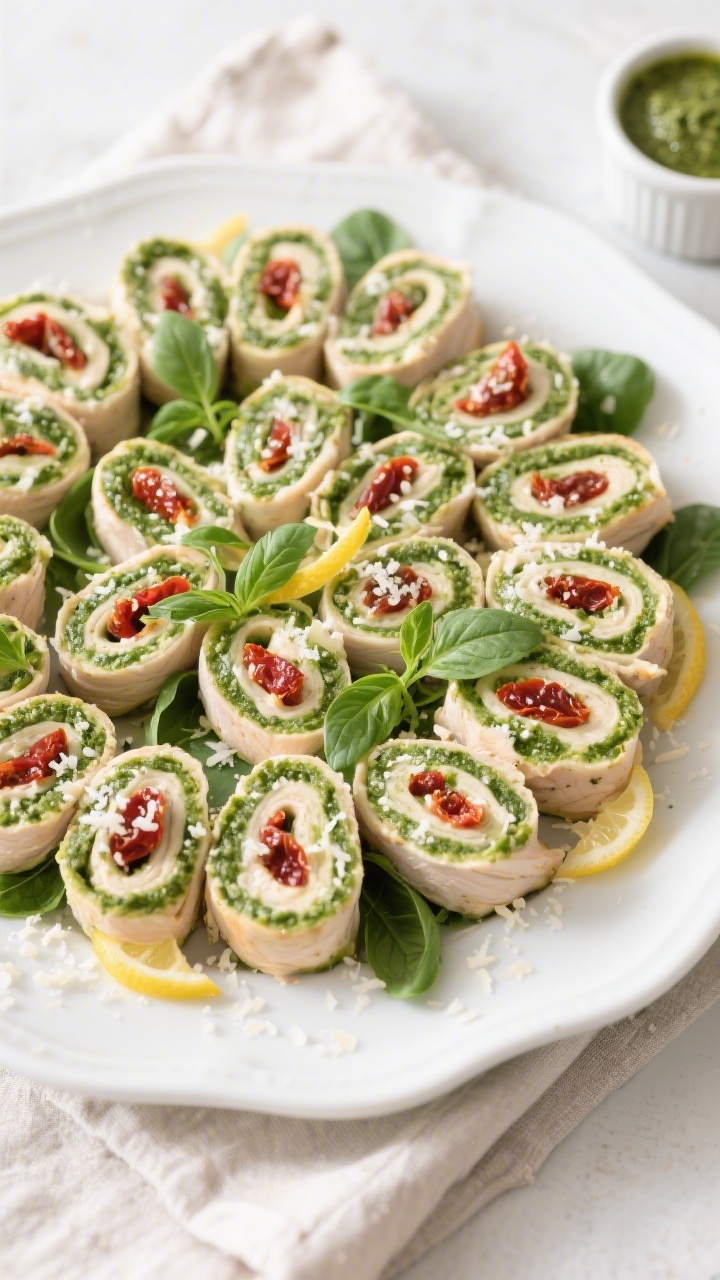 Tasty top view: Overhead shot of a platter of cold pesto chicken pinwheels arranged in tight concent