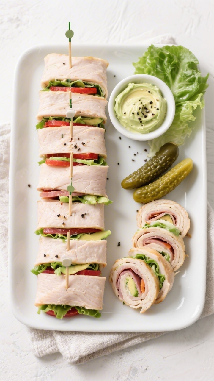 Tasty top view: Overhead shot of a platter of keto turkey club roll-ups arranged in neat rows, half