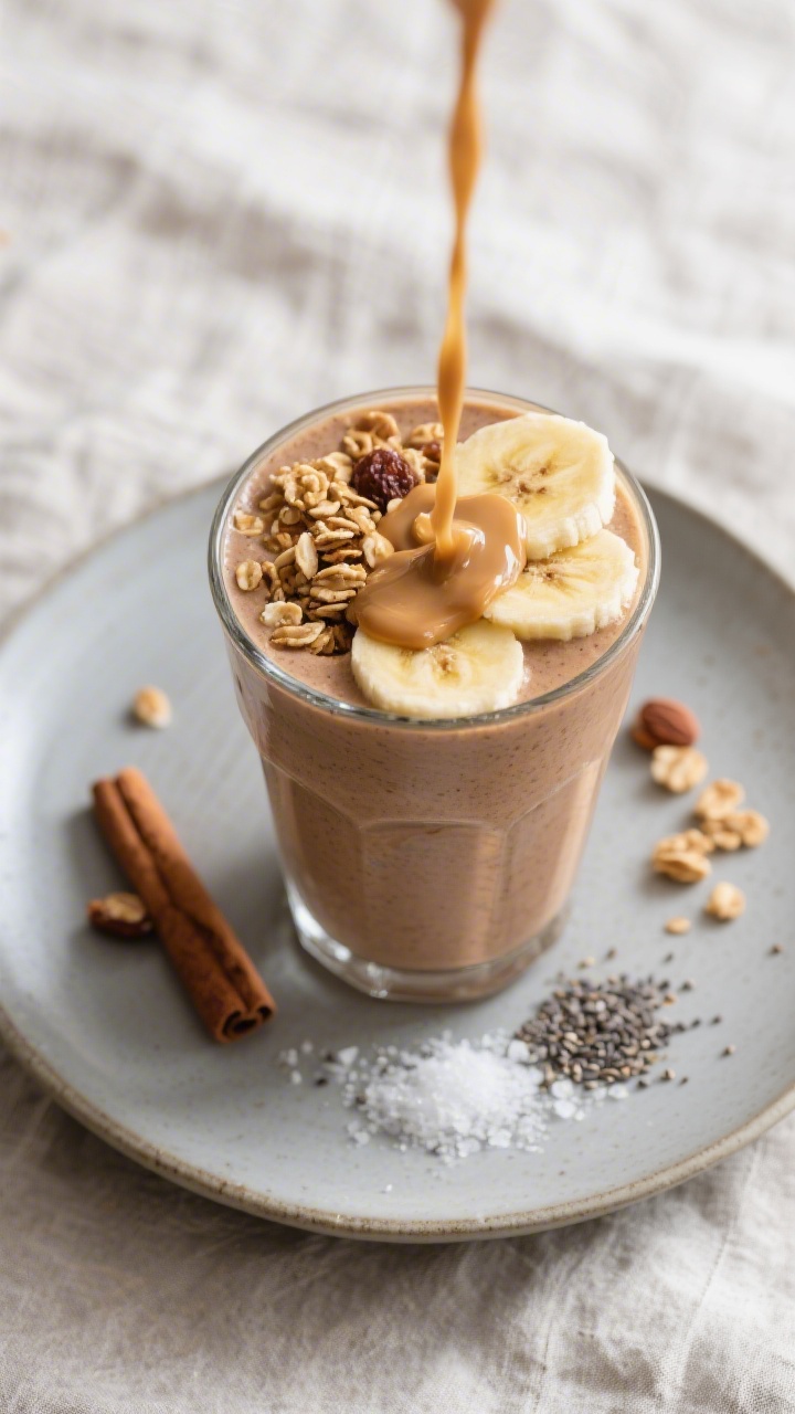 Tasty top view: Overhead shot of a poured Banana Date Smoothie in a tall glass on a matte ceramic pl