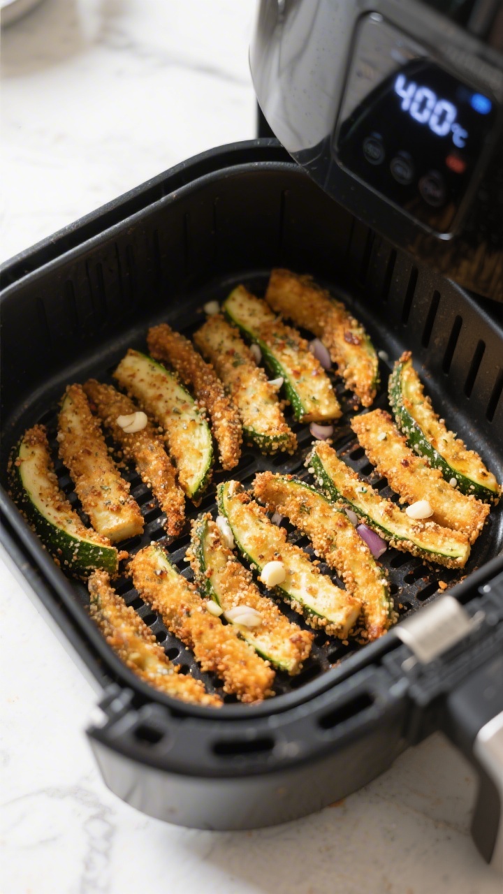 Tasty top view: Overhead shot of a single-layer batch of coated zucchini fries in an air fryer baske