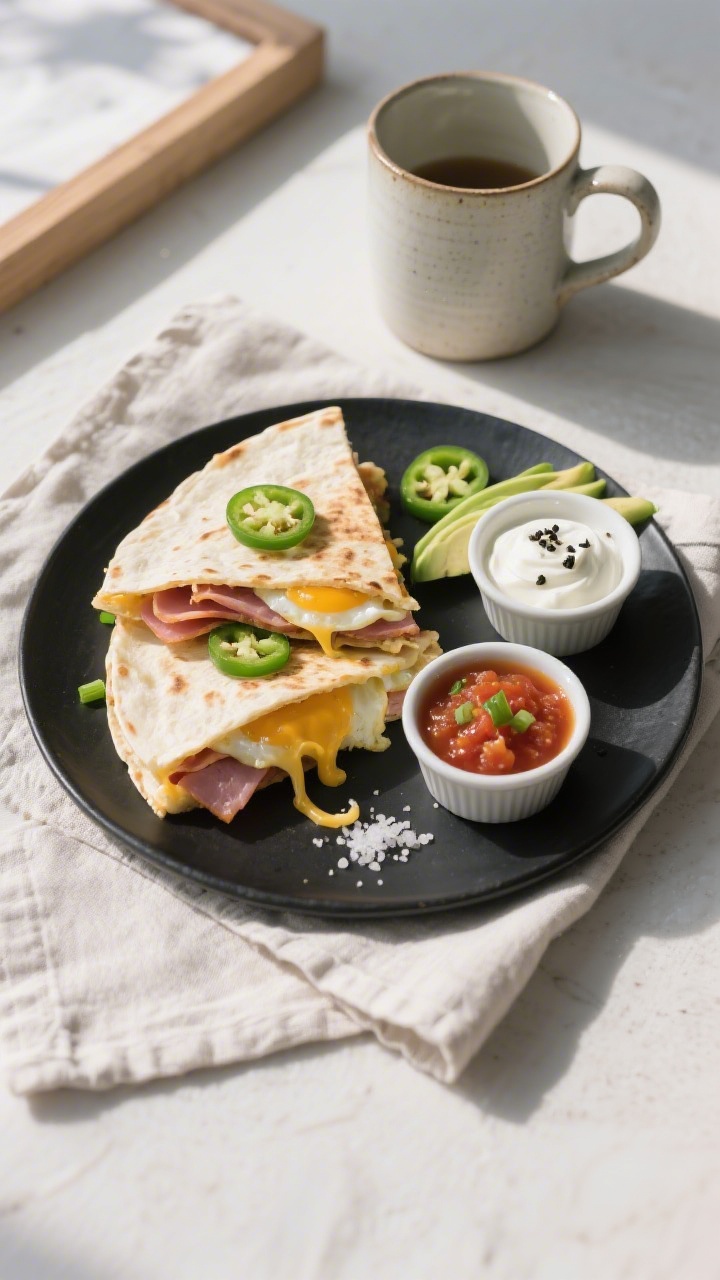 Tasty top view: Overhead shot of a sliced ham, egg, and cheese breakfast quesadilla cut into neat we
