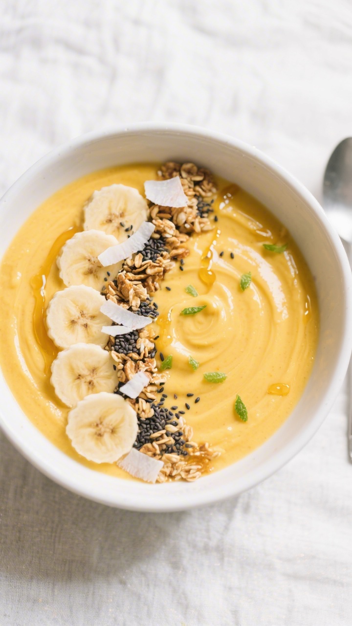 Tasty top view: Overhead shot of a smoothie bowl version—extra-thick mango pineapple base swirled