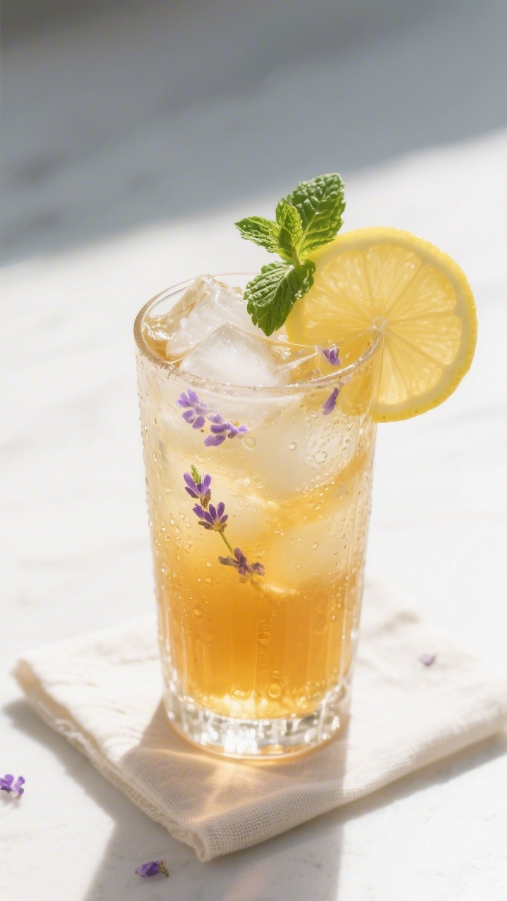 Tasty top view: Overhead shot of a tall glass packed with ice, filled with lavender honey iced tea d
