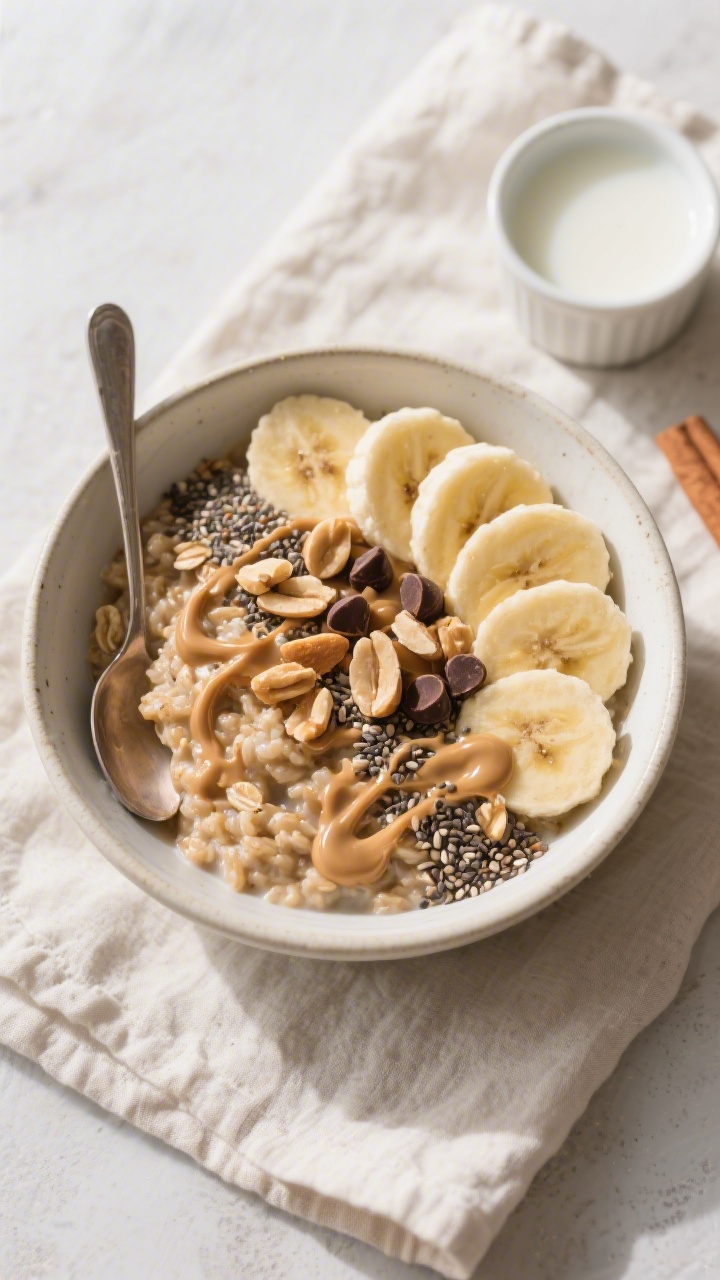 Tasty top view: Overhead shot of a warm bowl of Banana Peanut Butter Oatmeal, topped with neat fanne