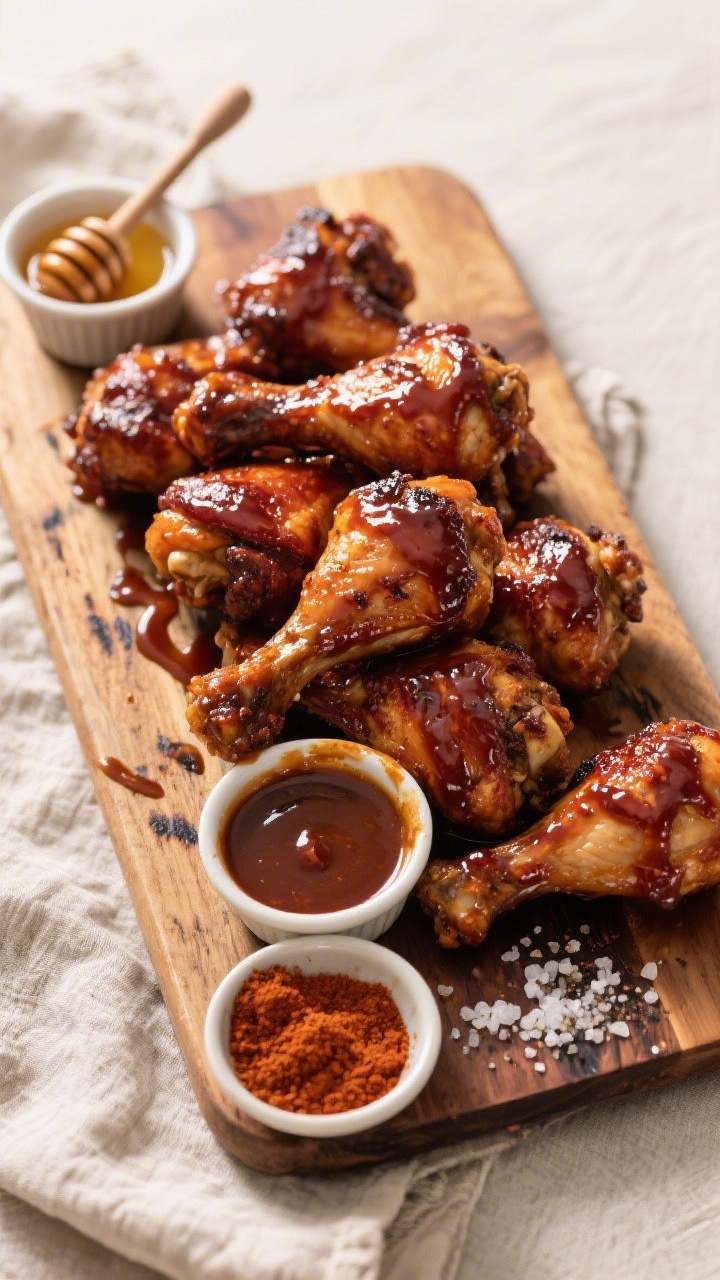 Tasty top view: Overhead shot of a wood board piled with finished BBQ chicken drumsticks (8–10 pie