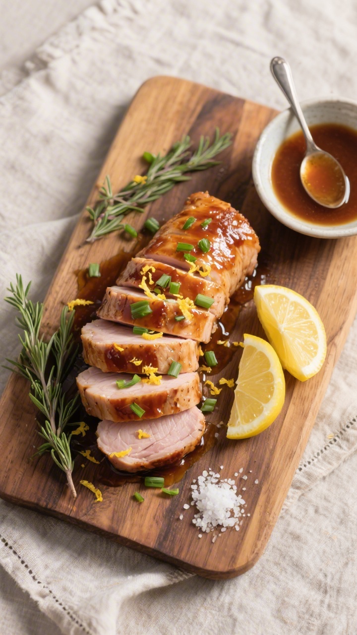 Tasty top view: Overhead shot of a wooden cutting board scene—rested pork tenderloin sliced into e