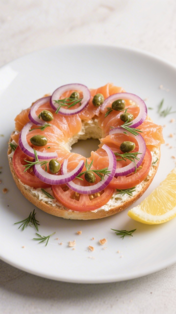 Tasty top view: Overhead shot of an open-faced smoked salmon bagel on a matte white plate, showing e