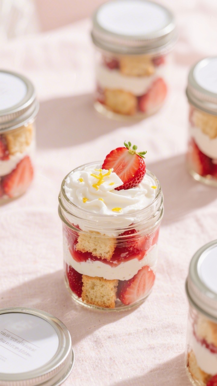 Tasty top view: Overhead shot of assembled Strawberry Shortcake in 8-ounce jars, neat layers of toas