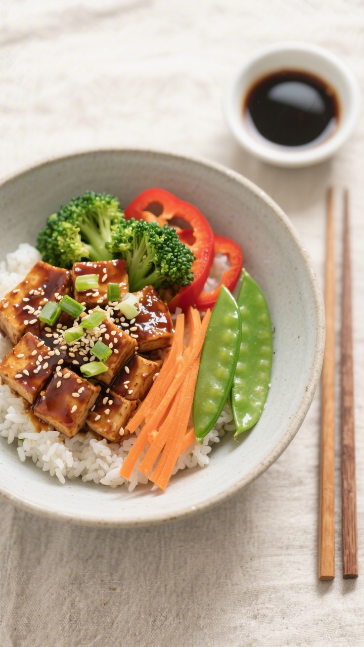 Tasty top view: Overhead shot of assembled teriyaki tofu and veggie rice bowl—fluffy jasmine rice