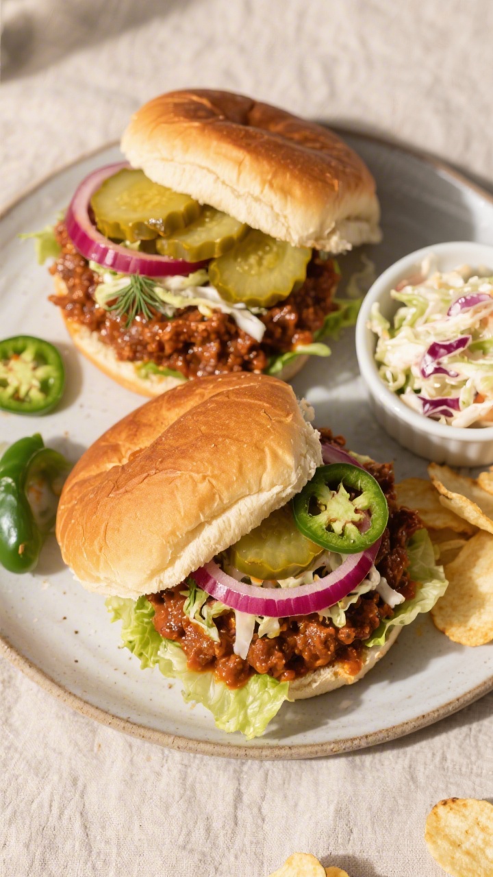 Tasty top view: Overhead shot of assembled Vegan Sloppy Joes on lightly toasted burger buns, piled h