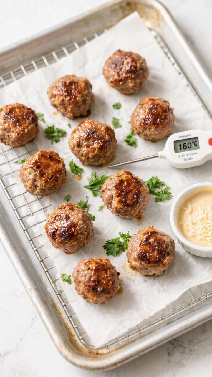 Tasty top view: Overhead shot of baked meatballs on a parchment-lined sheet pan with a wire rack, ev