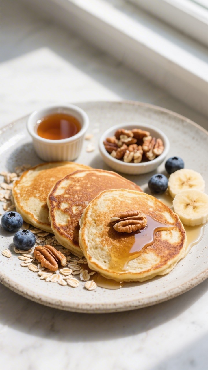 Tasty top view — Overhead shot of Banana Walnut Protein Pancakes breakfast spread: three medium pa