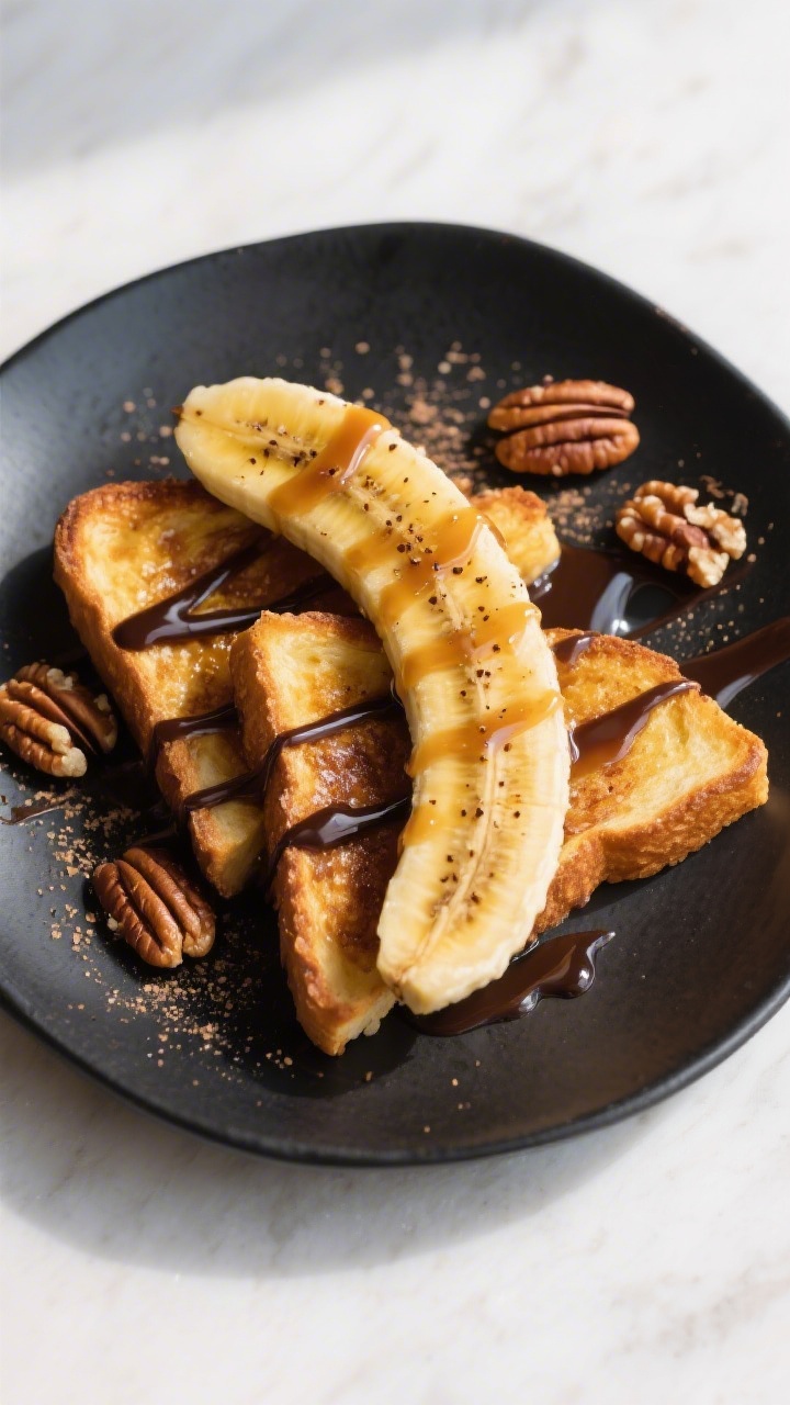 Tasty top view: Overhead shot of Bananas Foster over golden French toast triangles on a charcoal pla