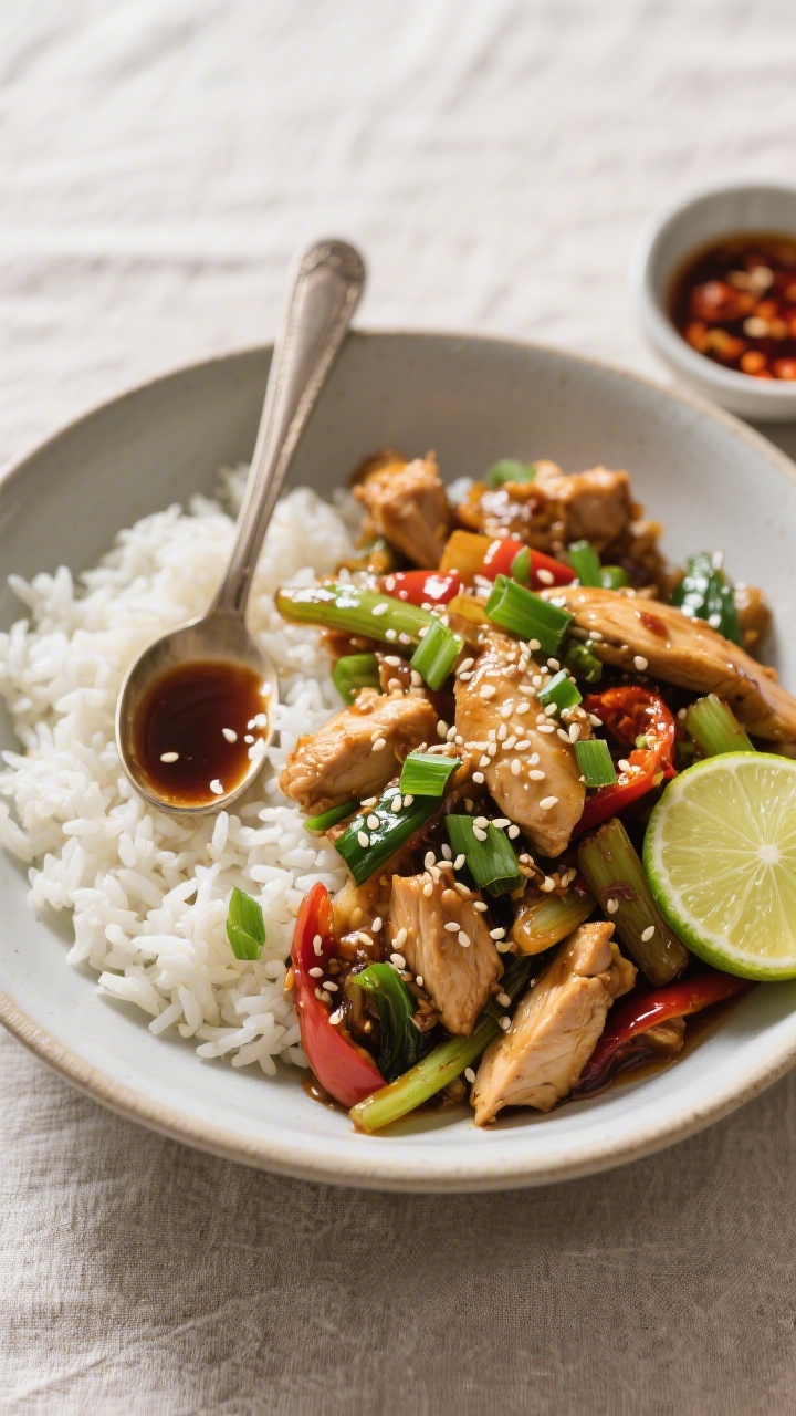 Tasty top view: Overhead shot of Chicken and Vegetable Stir-Fry with Tamari spooned over fluffy jasm