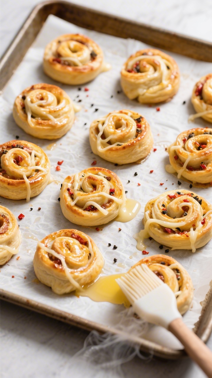 Tasty top view: Overhead shot of evenly spaced baked pinwheels on parchment-lined baking sheet, show
