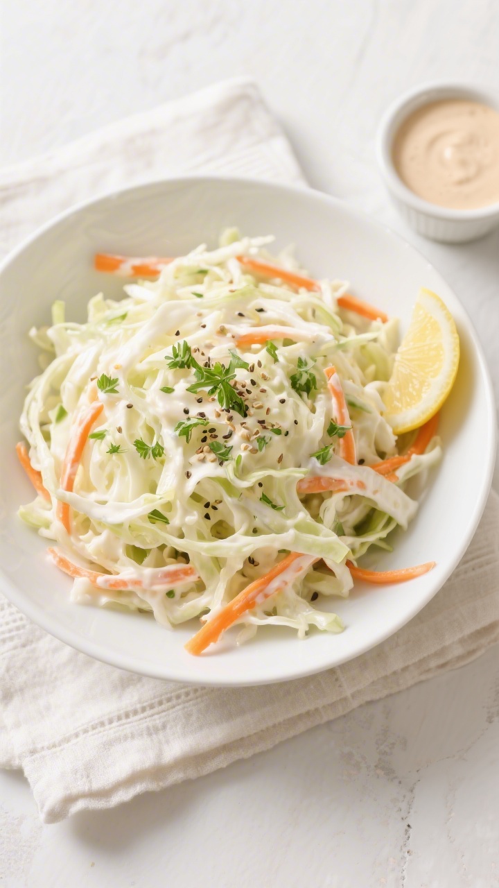 Tasty top view: Overhead shot of finished creamy coleslaw in a wide, shallow white serving bowl, eve