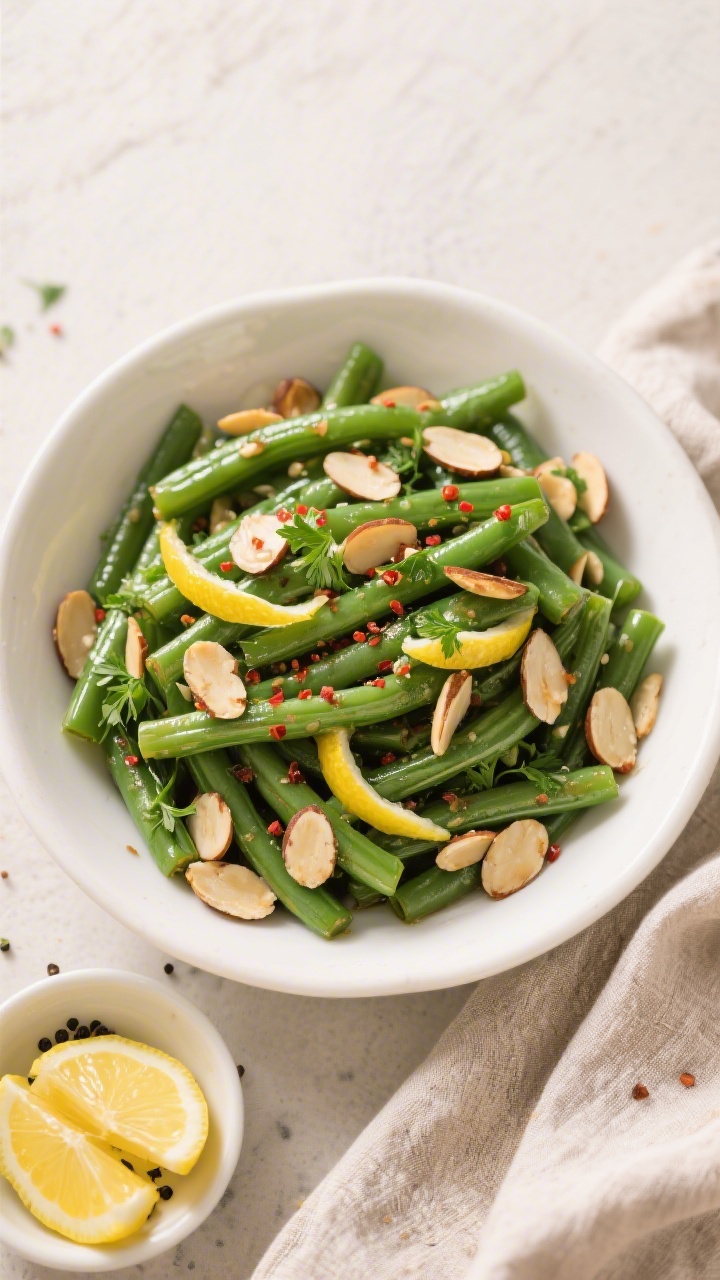 Tasty top view: Overhead shot of finished Green Beans Almondine in a wide, shallow white serving bow