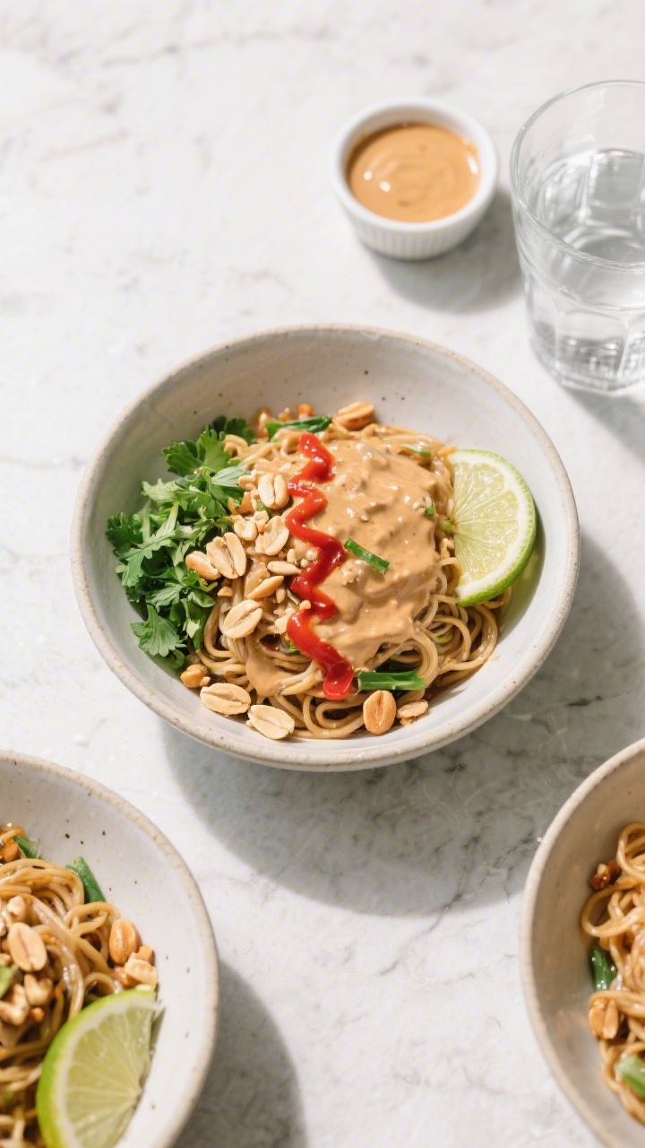 Tasty top view: Overhead shot of finished noodle bowls on a light stone tabletop. One main bowl cent