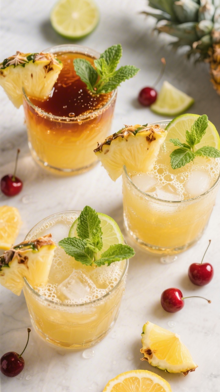 Tasty top view: Overhead shot of individual glasses filled with the finished pineapple rum punch ove