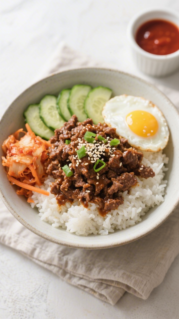 Tasty top view: Overhead shot of Quick Korean Ground Beef Rice Bowls assembled—fluffy white jasmin