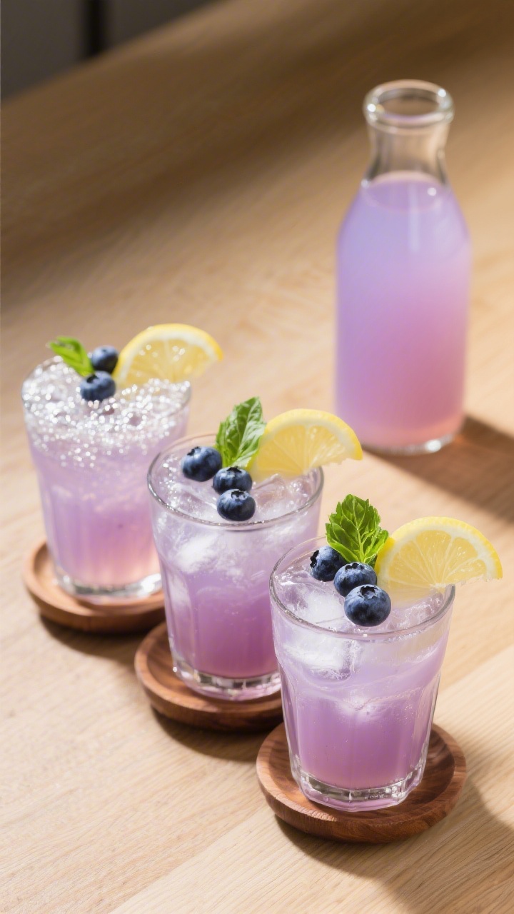 Tasty top view: Overhead shot of strained blueberry basil lemonade served over clinking ice in three