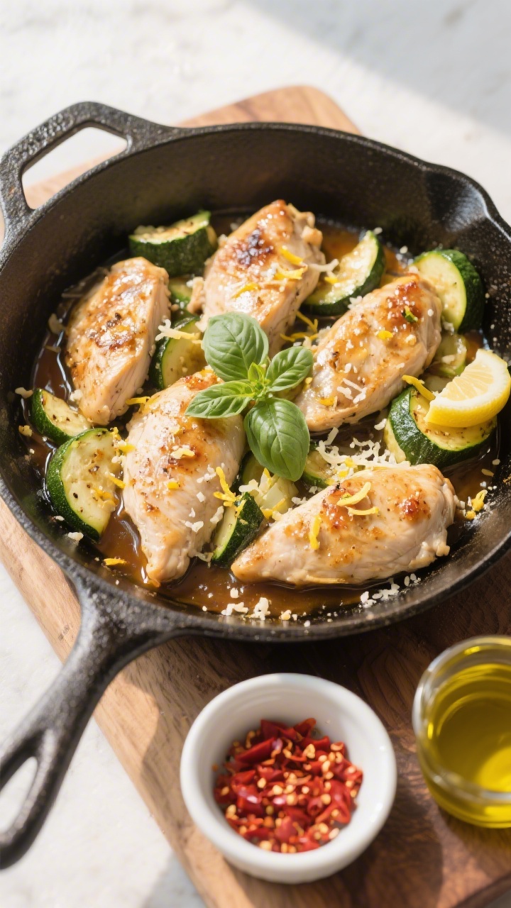 Tasty top view: Overhead shot of the entire skillet, chicken and zucchini glistening and evenly dist