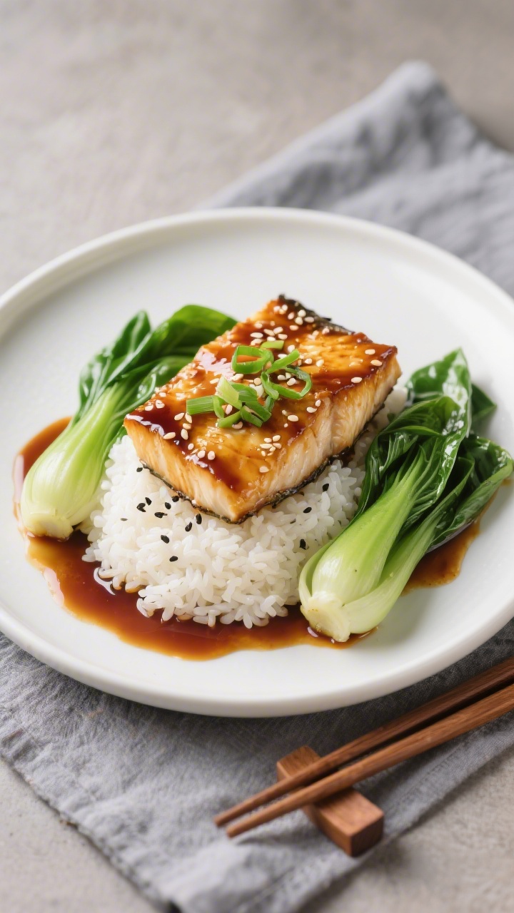 Tasty top view: Overhead shot of the final plated Teriyaki Glazed Cod with Bok Choy over a neat moun