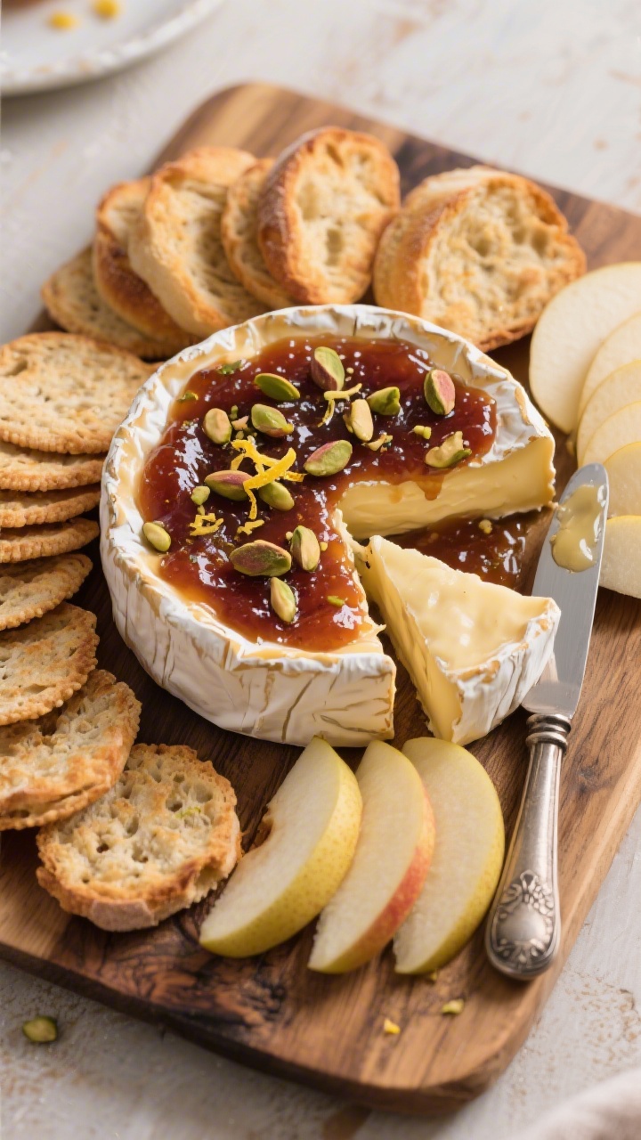 Tasty top view: Overhead shot of the final plated Quick Baked Brie centerpiece on a rustic wooden bo