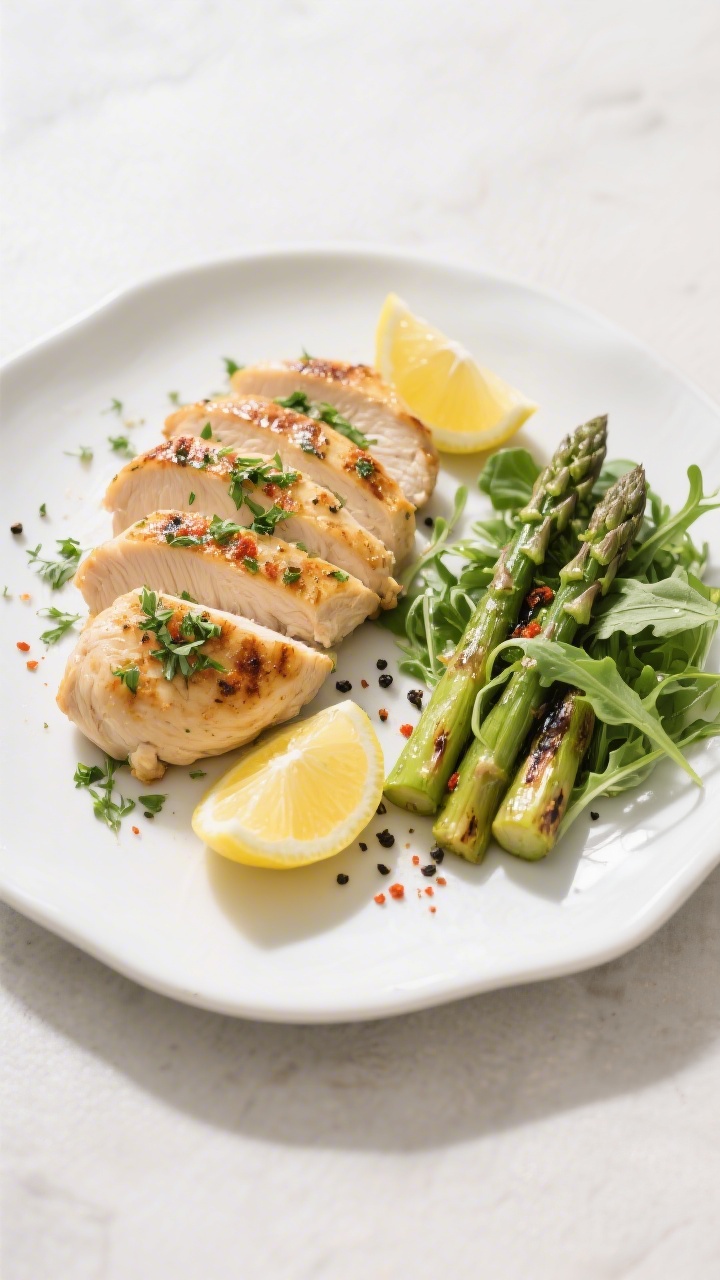 Tasty top view: Overhead shot of the final plated 10-Min Grilled Lemon Herb Chicken Cutlets on a whi