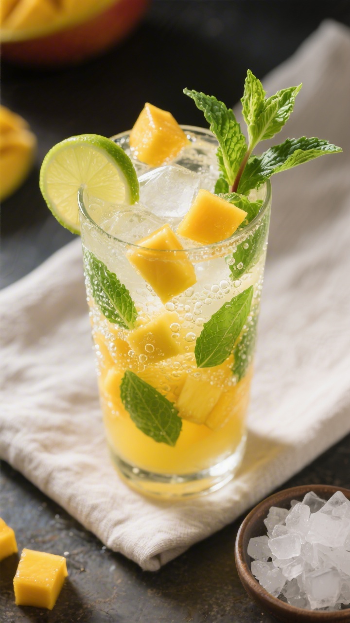 Tasty top view: Overhead shot of the finished 10-Min Virgin Mango Mojito, vibrant golden mango piece