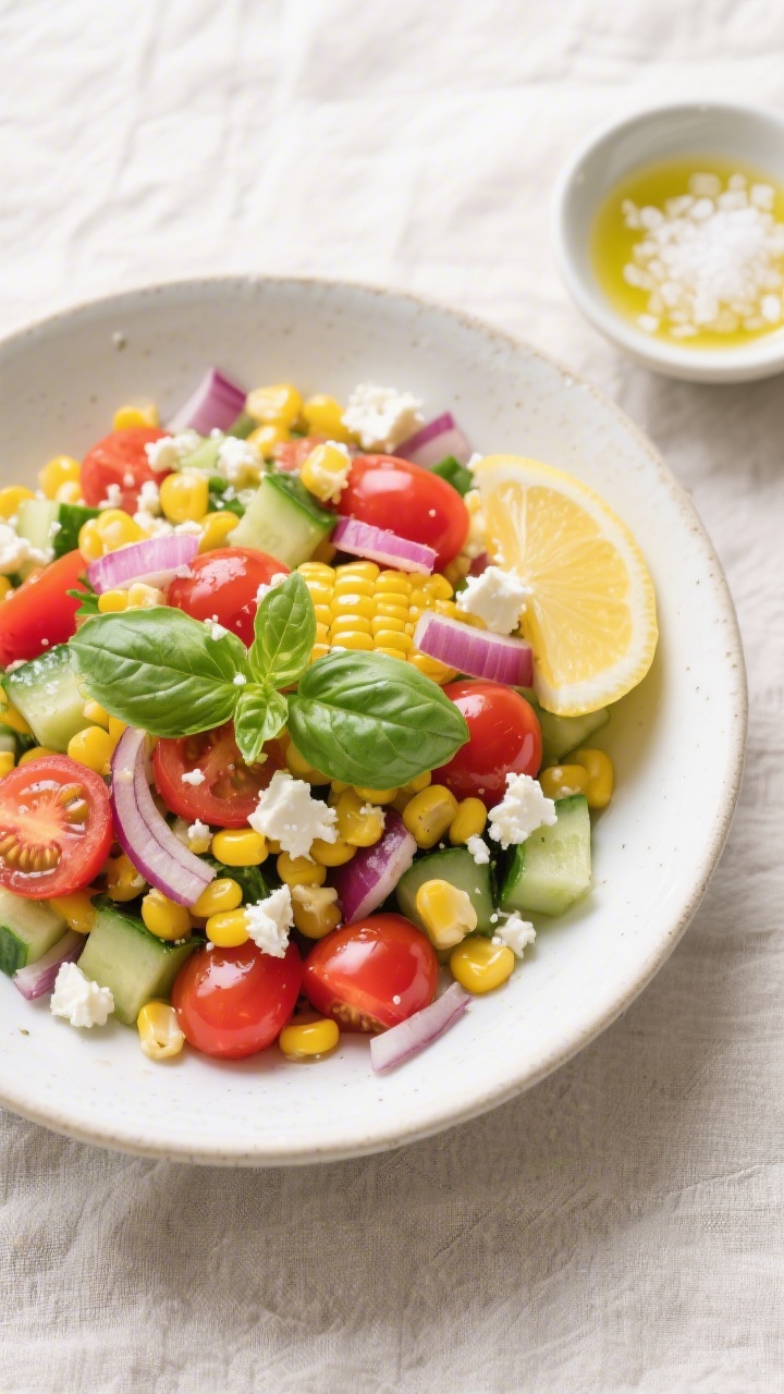 Tasty top view: Overhead shot of the finished 10-minute corn and tomato salad plated in a wide white