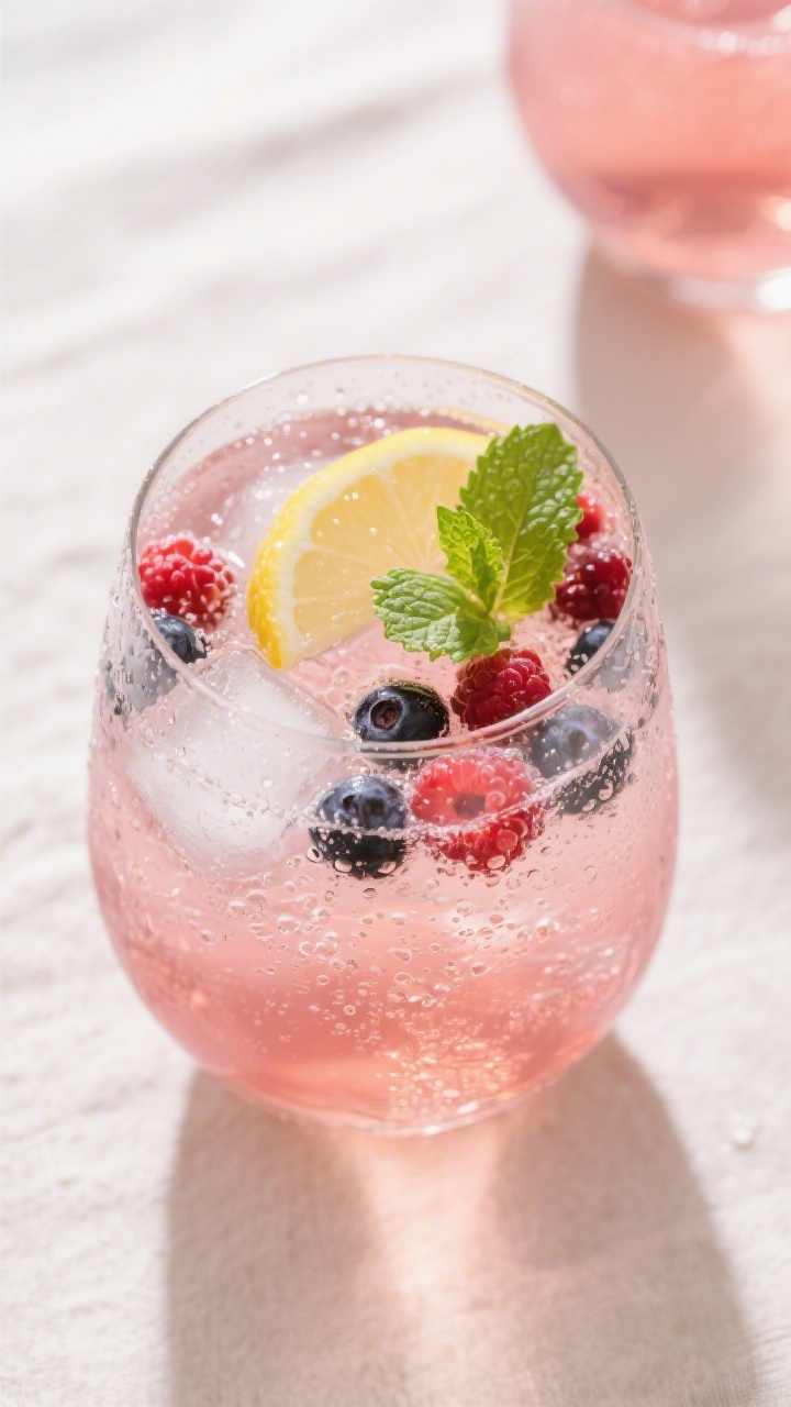 Tasty top view: Overhead shot of the finished 5-min rosé spritzer in a stemless wine glass, filled