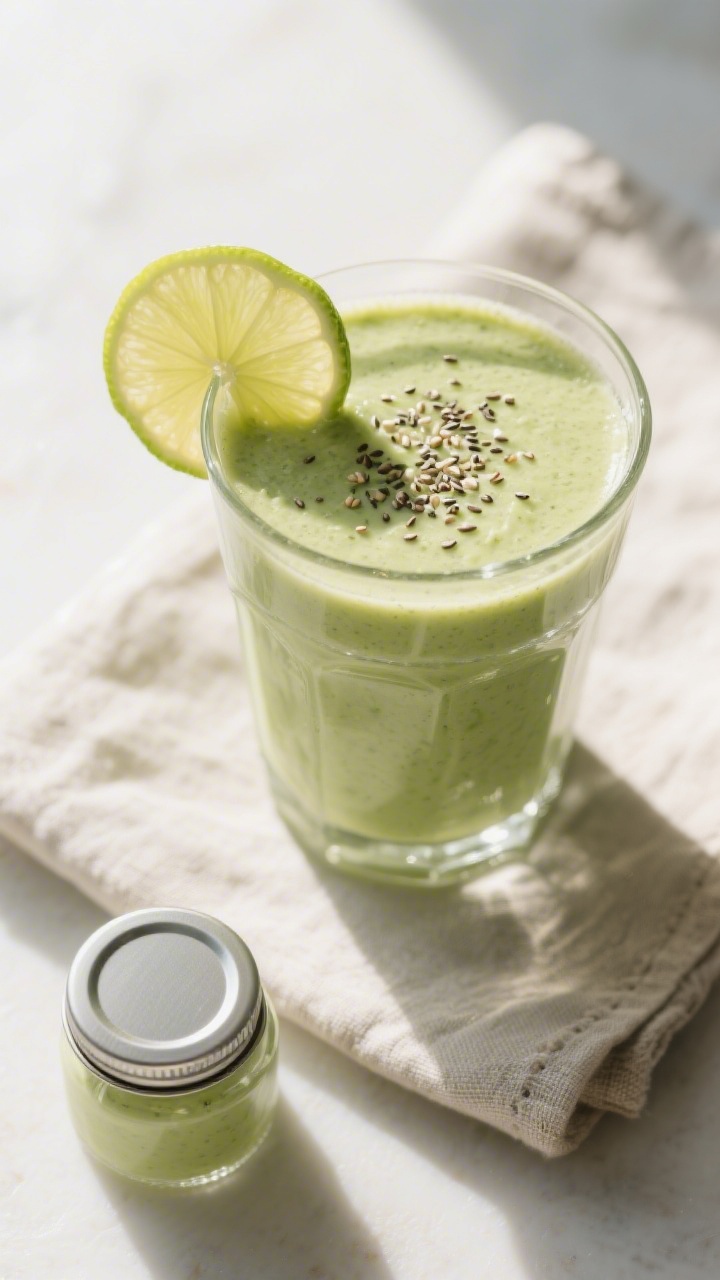 Tasty top view: Overhead shot of the finished Avocado Spinach Smoothie in a clear, wide glass, showi