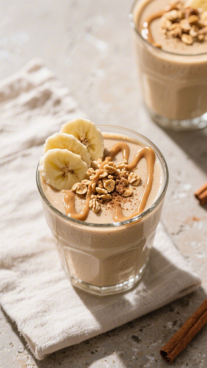 Tasty top view: Overhead shot of the finished Banana Peanut Butter Smoothie poured into a chilled gl