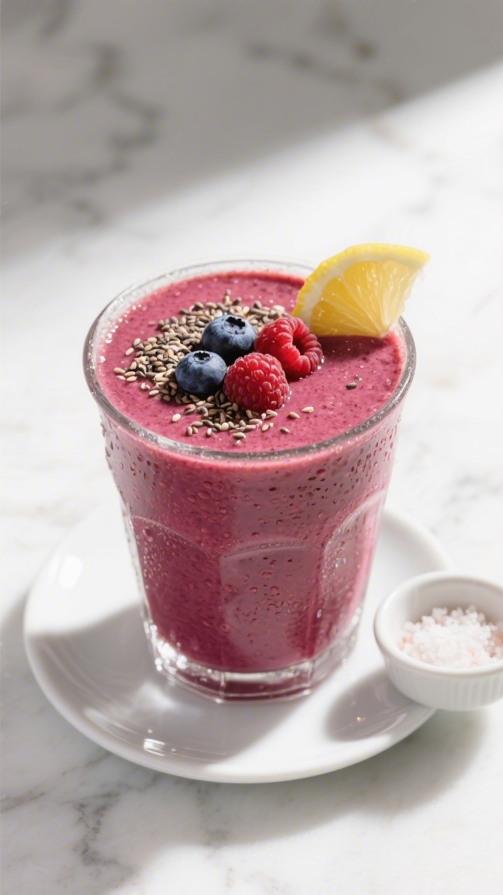 Tasty top view: Overhead shot of the finished Beetroot Berry Smoothie in a clear tumbler, topped wit