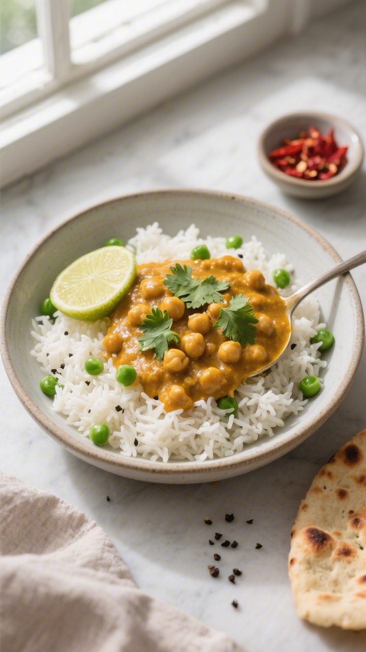 Tasty top view: Overhead shot of the finished coconut chickpea curry spooned over fluffy basmati ric