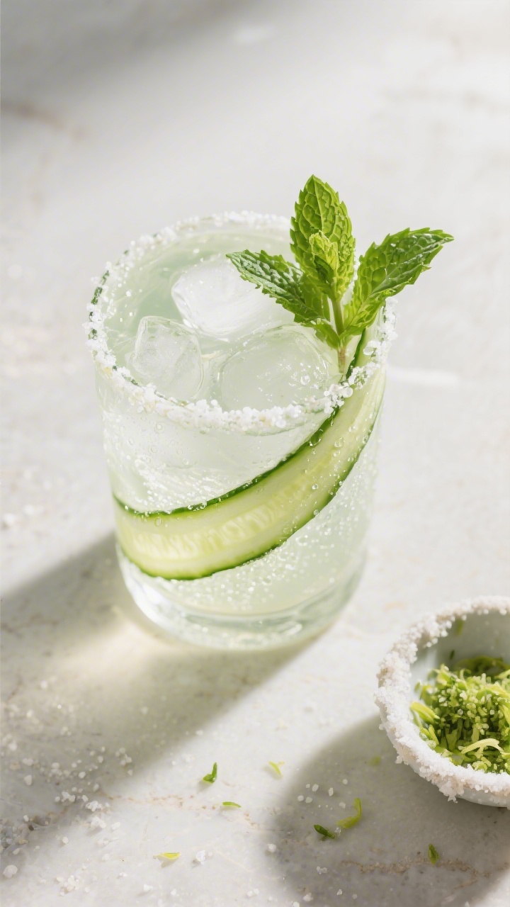 Tasty top view: Overhead shot of the finished Cucumber Mint Lime Spritz, packed with clear ice, spar